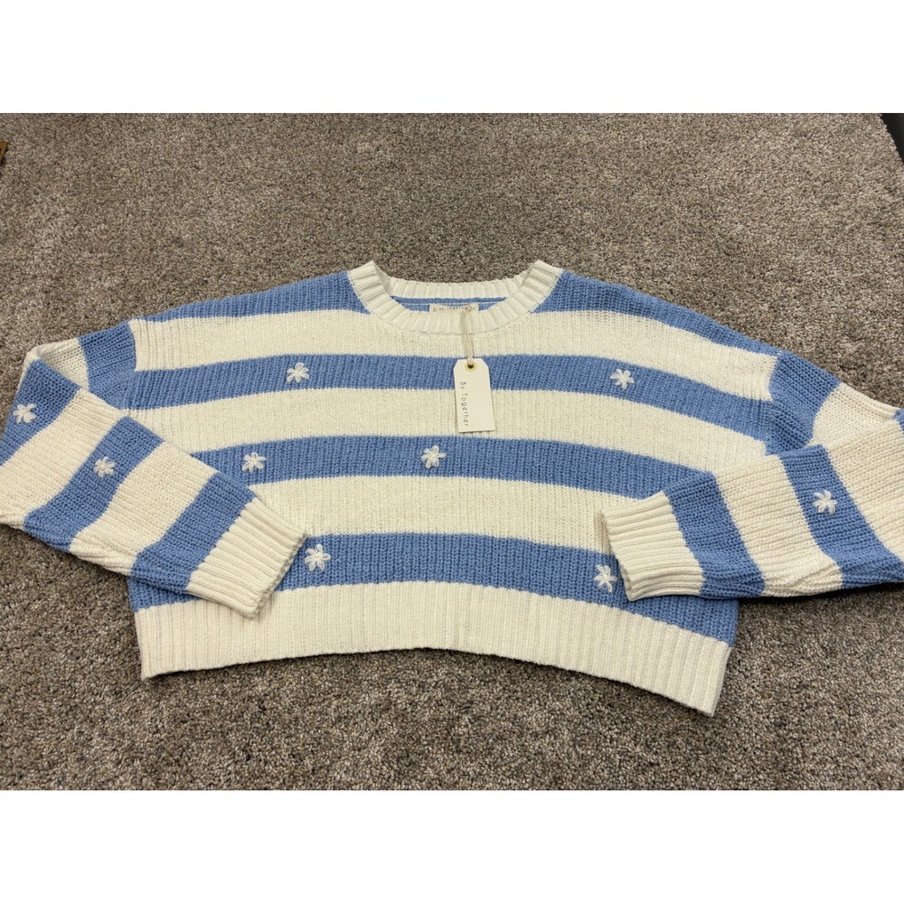 By Together Blue White Striped Floral Embroidered Cropped Sweater Small #0881